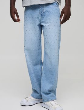 Herren Relaxed Fit Jeans Hosen mit Strasssteinverzierung rundum Light Blue Größe 36R