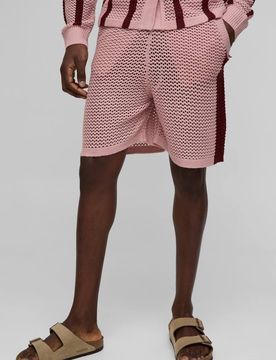 Herren Entspannte Passform Seitenstreifen Offener Strick Shorts Burgundy Größe XS