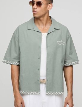 Herren Übergroßes Hemd Mit Leinenlook, Stickerei Und Reverskragen Khaki Größe Large