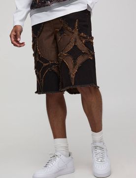 Herren Regular Geschnittene Stern-Applikation Gewaschene Braune Jeans Hosen-Shorts Brown Größe 34