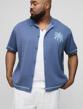 Herren Plus Relaxed Palm Scenic Jacquard Gestricktes Hemd Blue Größe 3XL