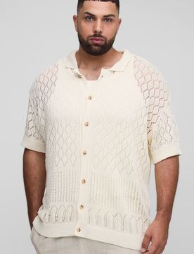 Herren Plus Offener Stich Häkel Entspanntes Polo-Shirt Ecru Größe 2XL