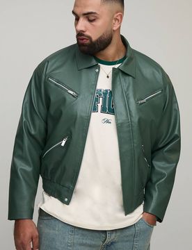 Herren Plus Boxy Fit Bomberjacke mit Reißverschluss-Details und PU-Kragen Green Größe 3XL