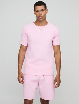 Herren Slim Fit Plissee T-Shirt Pink Größe Medium