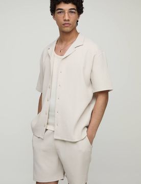 Herren Übergroßes Reverskragen-Plissee-Hemd & Shorts-Set Stone Größe XS