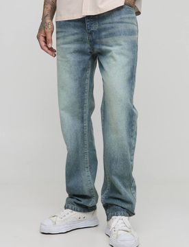 Herren Hohe Straight-Leg Jeans Hosen Mit Extremer Waschung Und Gewebtem Etikett Blue Größe 30