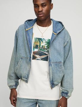 Herren Übergroßer Kastenförmiger Kapuzenpullover Aus Gewaschenem Denim Antique Blue Größe Large
