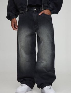 Herren Relaxed Fit Gewaschene Knie-Abnäher Jeans Hosen Washed Black Größe 32R