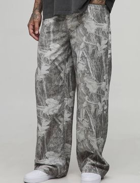 Herren Hohe Gewaschene Camo Baggy-Fit Jeans Hosen Washed Khaki Größe 36
