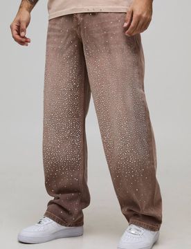 Herren Relaxed Fit Overdyed Strass Denim Jeans Hosen Pink Größe 32R
