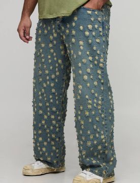 Herren Plus Getönte Extrem Zerrissene Relaxed Fit Jeans Hosen Antique Blue Größe 38