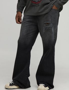 Herren Plus Zerrissene Jeans Hosen mit Ausgefranstem Saum in Starrer Schlaghose Washed Black Größe 42