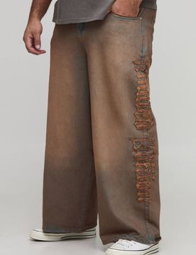 Herren Plus Raw-Applikation Baggy-Fit Gewaschene Jeans Hosen Brown Größe 42