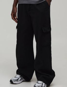 Herren Weite Passform Halb & Halb Bund Cargotasche Gewaschene Twill Hose Black Größe 4XL