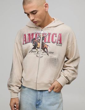 Herren Stone Shrunken Fit Amerika Western Distressed Washed Bedruckter Zip-Through Hoodie Sweatshirt Größe Medium