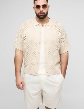 Herren Plus Relaxed Fit Gestricktes Hemd mit offener Strickart Natural Größe 2XL