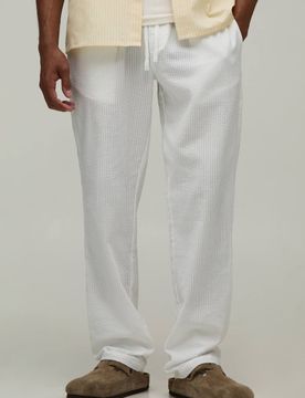 Herren Elastische Konisch Zulaufende Gestreifte Seersucker-Hose White Größe XS