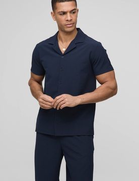 Herren Regular Fit Seersucker Streifen Hemd & Shorts Set Navy Größe XS