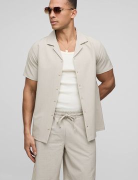 Herren Regular Fit Seersucker Streifen Hemd & Shorts Set Stone Größe XS