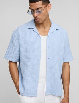 Herren Übergroßes Jumbo-Waffel-Reverskragen-Hemd Light Blue Größe XL