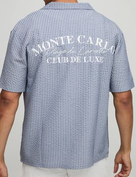 Herren Oversized Besticktes Streifen-Seersucker Reverskragen-Hemd Navy Größe Small