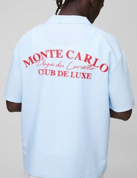 Herren Oversized Besticktes Streifen-Seersucker Reverskragen-Hemd Light Blue Größe Medium