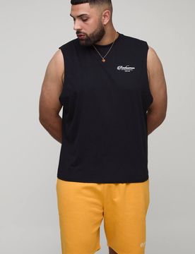 Herren Plus Drop Armhole Landschaftsdruck Tanktop & Entspanntes Shorts Set Black Größe 4XL