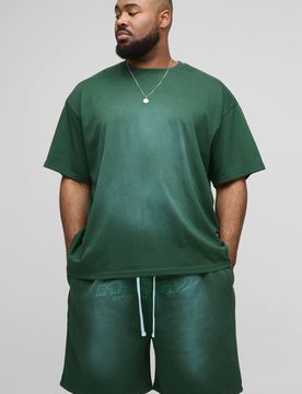 Herren Plus OFCL Applikation Spray-Waschung Oberteil & Übergroßes Tiefsitz-Schritt Shorts Set Green Größe 2XL