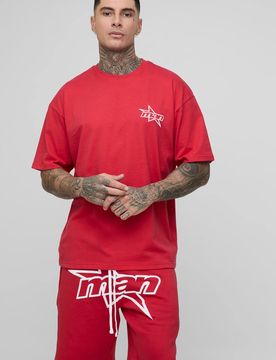 Herren Großer Herren Stern-Puffprint Übergroßes Oberteil & Entspannte Jersey-Shorts Set Red Größe Small
