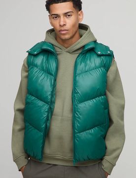 Herren Regular Fit Glänzende Wattierte Kapuzen-Stehkragen Weste Green Größe Medium