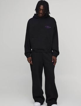Herren Übergroßer Kastenförmiger Herren-Trainingsanzug Mit Kapuze Und Stickerei Black Größe Large