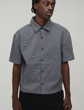 Herren Übergroßes Kastenförmiges Hemd Mit Ösen-Detail Und Mikrokaro Black Größe XS