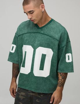Herren Übergroßes Kastenförmiges Oberteil Mit Nahtdetails, Verwaschenem 00-Aufdruck, V-Ausschnitt Im Baseball-Sportstil Green Größe XS