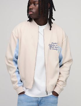 Herren Kastiger Schnitt Applikation Jersey College Bomberjacke Ecru Größe XS