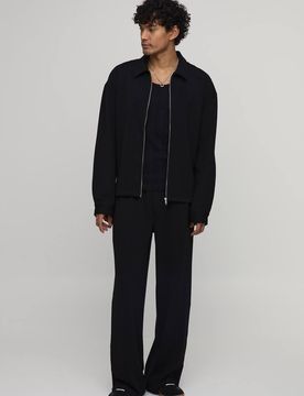 Herren Jersey-Fischgrät-Harrington-Jacke Mit Reißverschluss In Regulärer Passform & Weite Hose Im Set Black Größe Large