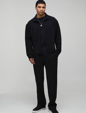 Herren Jersey-Fischgrät Übergroßes Kastiges Hemd & Entspannte Hosen Set Black Größe Small