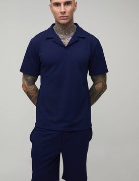 Herren Großgrößen Kurzarm Jersey Fischgrät Regular Polohemd & Shorts Set Navy Größe Medium