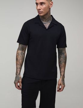 Herren Großgrößen Kurzarm Jersey Fischgrät Regular Polohemd & Shorts Set Black Größe XL