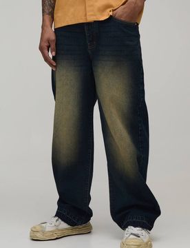 Herren Vintage Getönte Waschung Umgeschlagener Saum Entspannte Passform Jeans Hosen Vintage Blue Größe 46R