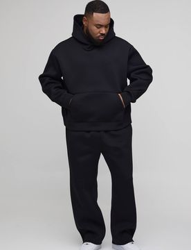 Herren Plus Übergroßer Kastenförmiger Gebondeter Scuba Kapuzenpullover & Übergroße Jogginghose Trainingsanzug Black Größe 5XL