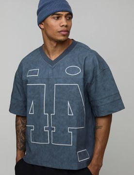 Herren Übergroßes Gewaschenes PU Varsity Hockey T-Shirt Blue Größe Large