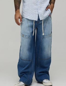 Herren Weite Starre Jeans Hosen Mit Geblümtem Seilgürtel Blue Größe 36R