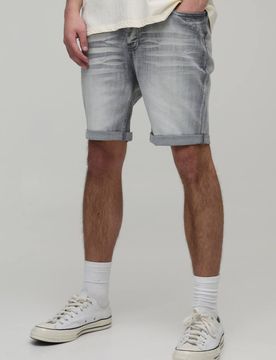 Herren Schmal Geschnittene Stretch Stark Gebleichte Zerrissene Denim-Shorts Ice Grey Größe 34