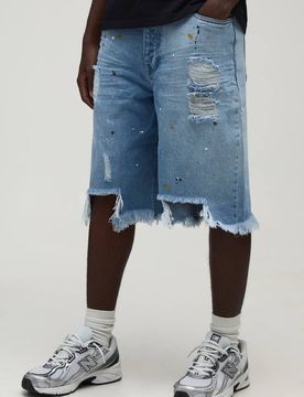 Herren Normal Geschnittene Jeans Hosen-Shorts Mit Rissen Washed Light Blue Größe 34