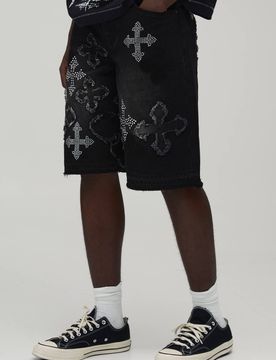 Herren Jeans Hosen-Shorts Mit Strassstein-Kreuz-Applikation Black Größe 32