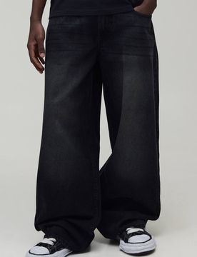 Herren Weite Jeans Hosen Mit Bestickter Gesäßtasche Washed Black Größe 28