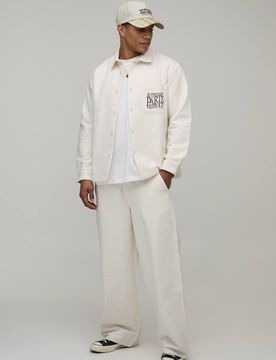 Herren Strukturiertes Twill Besticktes Übergroßes Überhemd & Weite Hosen Set Ecru Größe Small