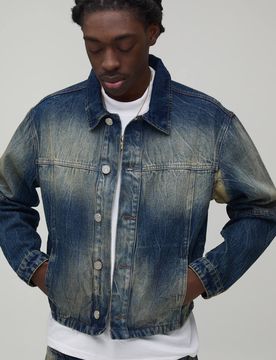 Herren Locker Geschnittene Verkürzte Jeansjacke Mit Bleichwaschung Und Paneelen Antique Wash Größe Medium