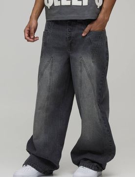 Herren Weite Jeans Hosen Mit Paneel-Design In Used-Waschung Mid Grey Größe 34R