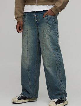 Herren Weite Jeans Hosen Mit Paneel-Design In Used-Waschung Stonewash Größe 30R